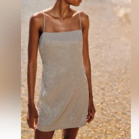 ZARA Gray Silver Beaded Spaghetti Strap Mini Dress S NWT - Picture 7 of 13